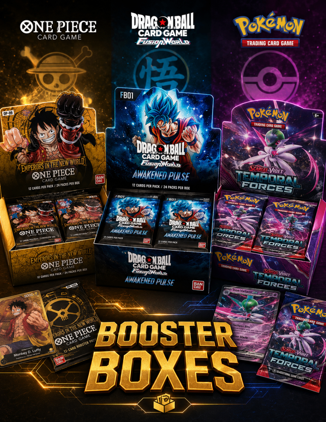 One Piece, Dragon Ball, and Pokémon booster boxes