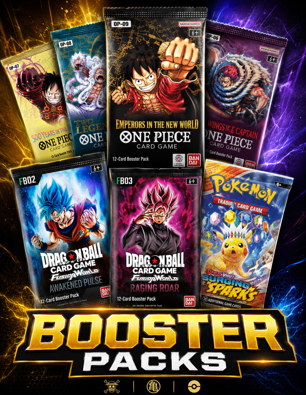 One Piece, Dragon Ball, and Pokémon booster packs