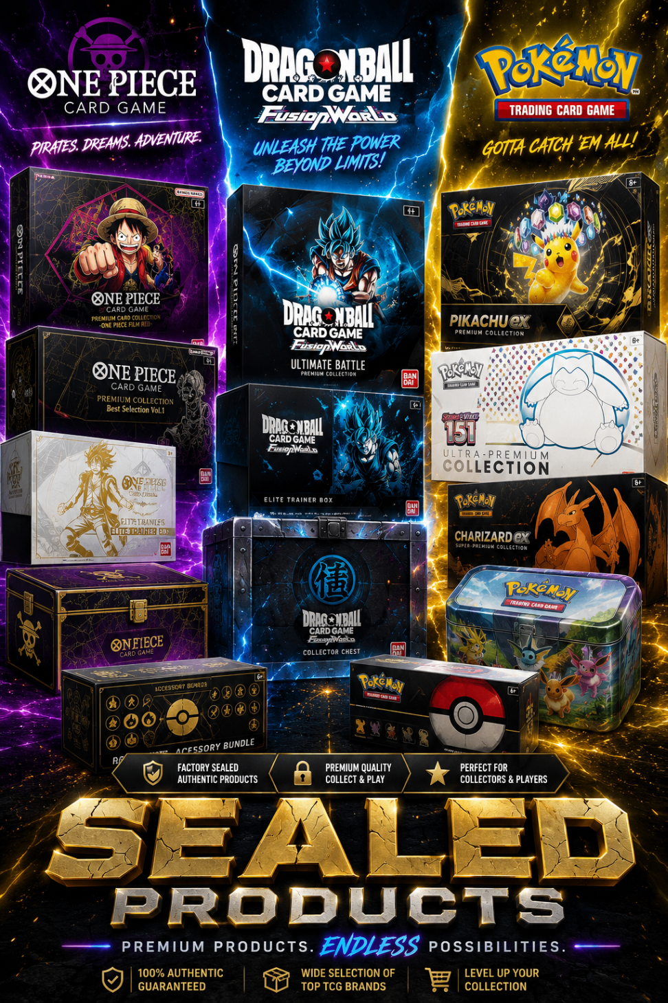 Sealed Pokémon, One Piece, and Dragon Ball trading card products